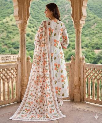 orange and white pure cotton a-line pleated kurta set 2