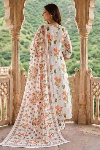 orange and white pure cotton a-line pleated kurta set