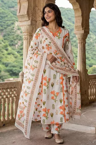 orange and white pure cotton a-line pleated kurta set