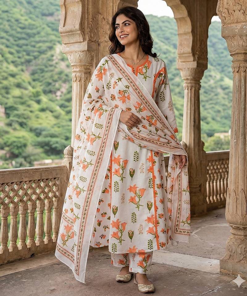 Anouk orange and white pure cotton a-line pleated kurta set
