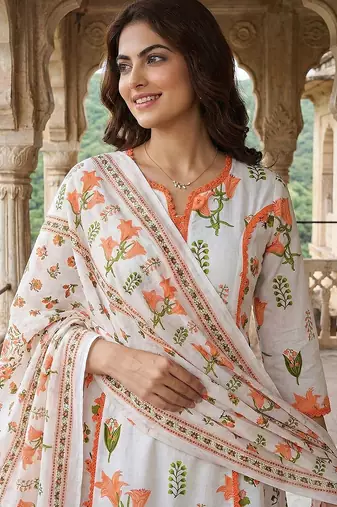orange and white pure cotton a-line pleated kurta set