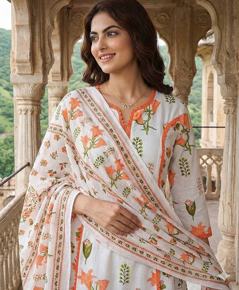 Anouk orange and white pure cotton a-line pleated kurta set
