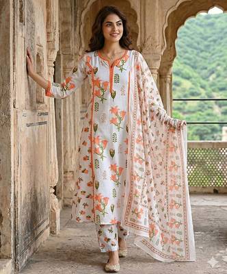 orange and white pure cotton a-line pleated kurta set 5