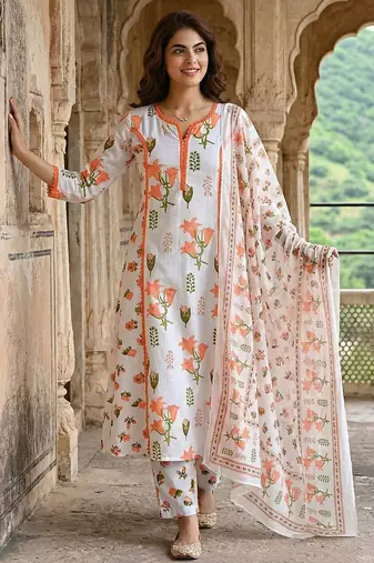 orange and white pure cotton a-line pleated kurta set