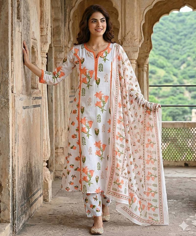 Anouk orange and white pure cotton a-line pleated kurta set