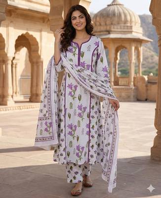 purple and white pure cotton a-line pleated kurta set 1