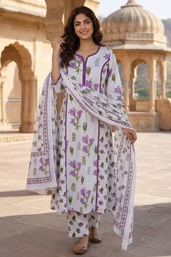 Anouk purple and white pure cotton a-line pleated kurta set