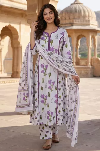 Anouk purple and white pure cotton a-line pleated kurta set