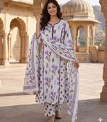 Anouk purple and white pure cotton a-line pleated kurta set