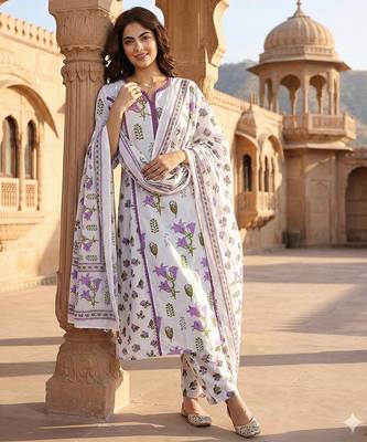 purple and white pure cotton a-line pleated kurta set 2