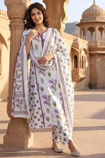 purple and white pure cotton a-line pleated kurta set