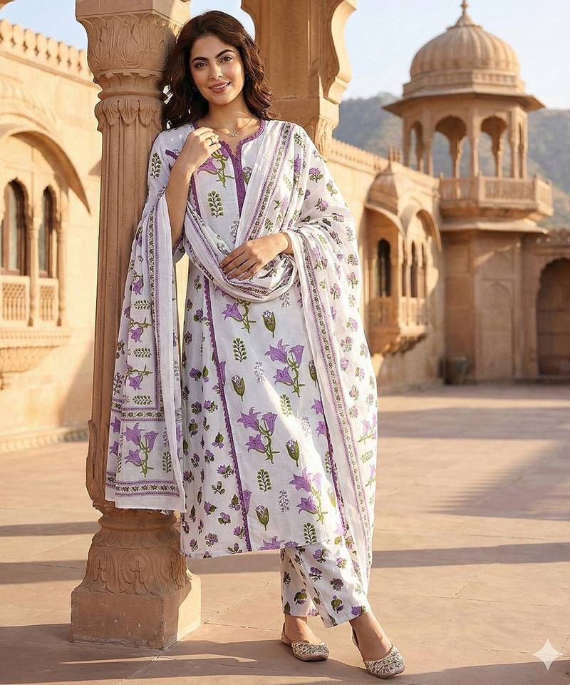 Anouk purple and white pure cotton a-line pleated kurta set