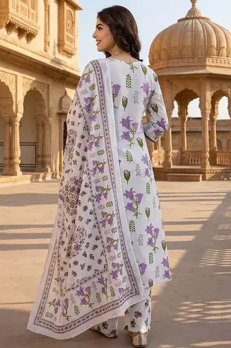purple and white pure cotton a-line pleated kurta set