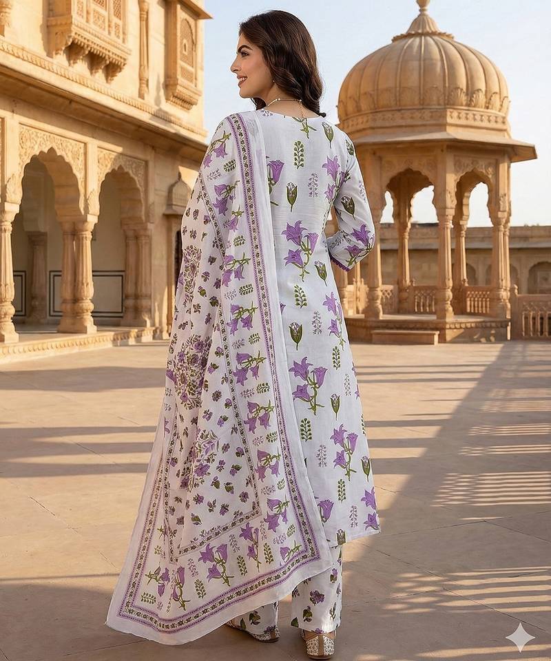 Anouk purple and white pure cotton a-line pleated kurta set