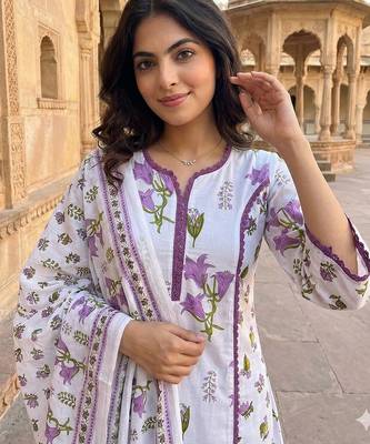 purple and white pure cotton a-line pleated kurta set 4