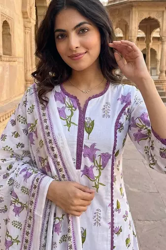 purple and white pure cotton a-line pleated kurta set