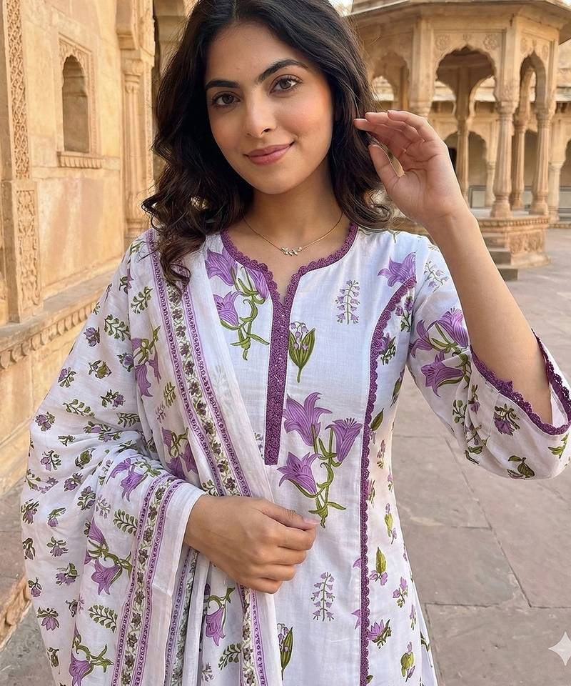 Anouk purple and white pure cotton a-line pleated kurta set