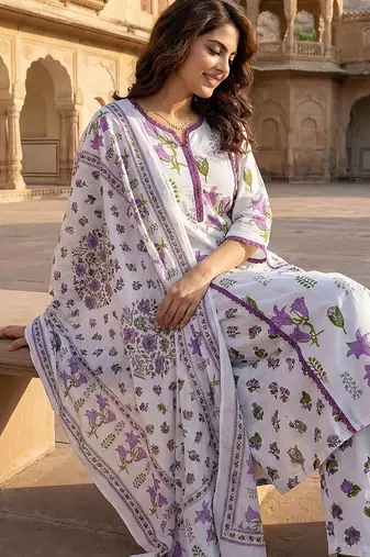 purple and white pure cotton a-line pleated kurta set