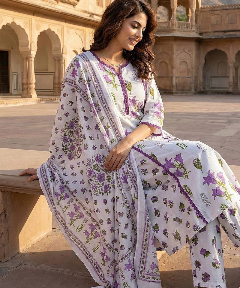 Anouk purple and white pure cotton a-line pleated kurta set