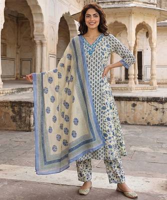 blue and white pure cotton a-line regular kurta set 1