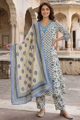 Anouk blue and white pure cotton a-line regular kurta set
