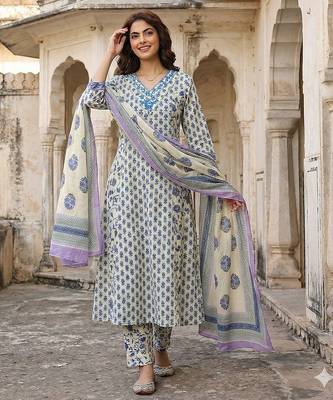blue and white pure cotton a-line regular kurta set 2