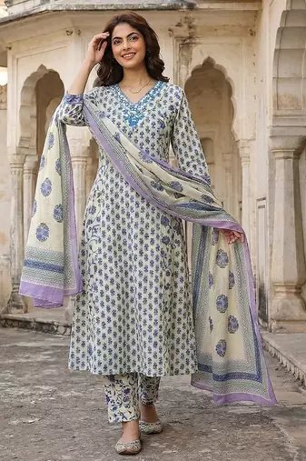 blue and white pure cotton a-line regular kurta set