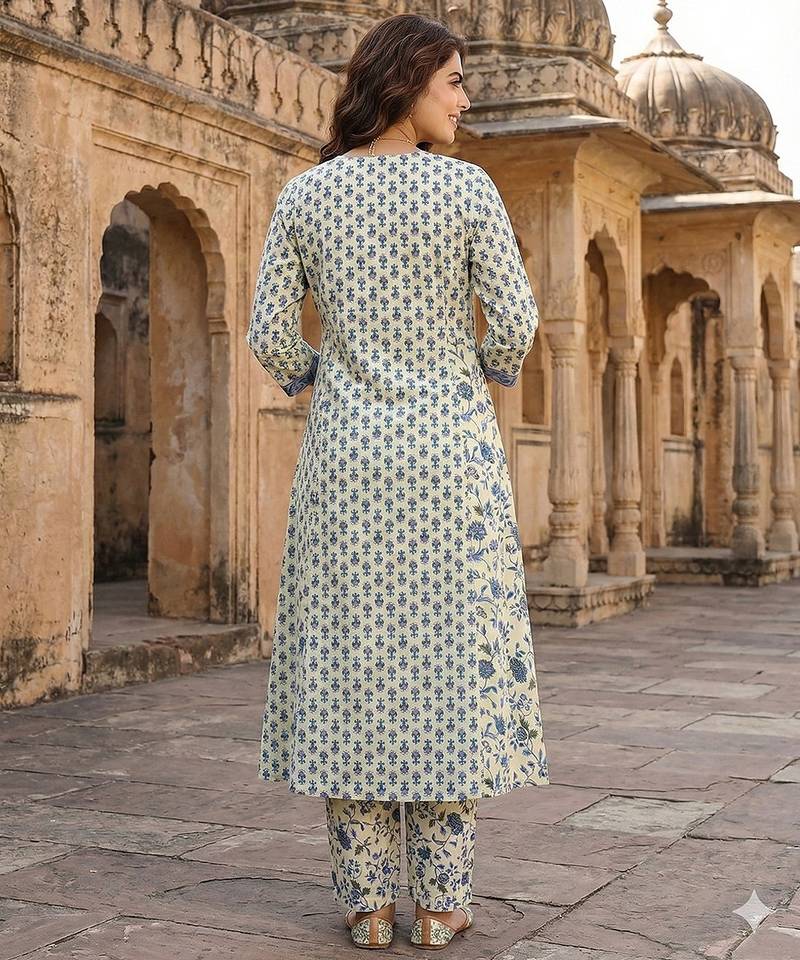 Anouk blue and white pure cotton a-line regular kurta set