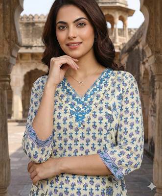 blue and white pure cotton a-line regular kurta set 4