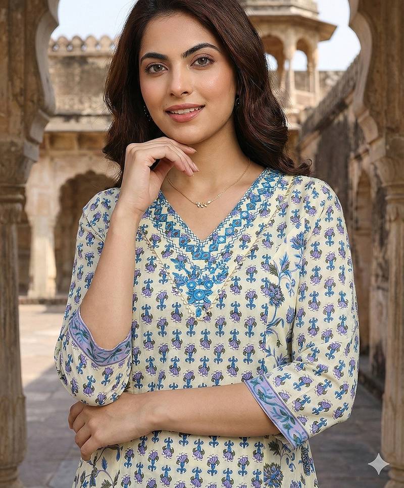 Anouk blue and white pure cotton a-line regular kurta set