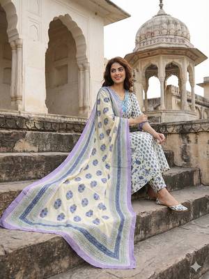 blue and white pure cotton a-line regular kurta set 5