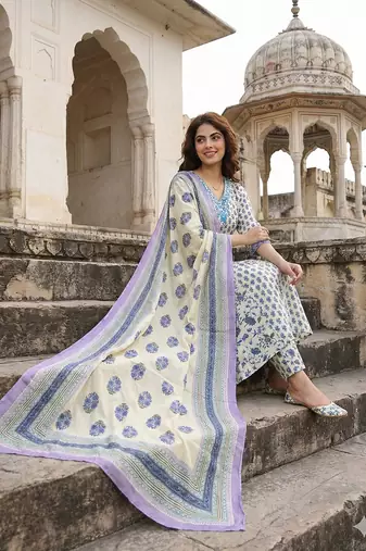 blue and white pure cotton a-line regular kurta set