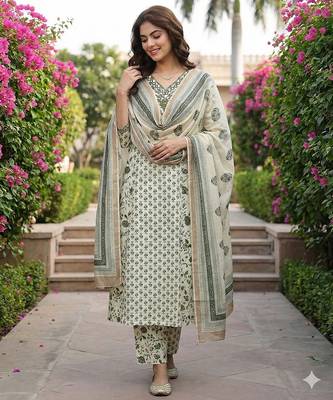 green and white pure cotton a-line regular kurta set 1