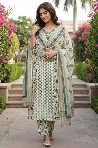 Anouk green and white pure cotton a-line regular kurta set