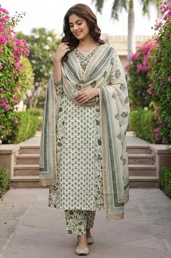 Anouk green and white pure cotton a-line regular kurta set