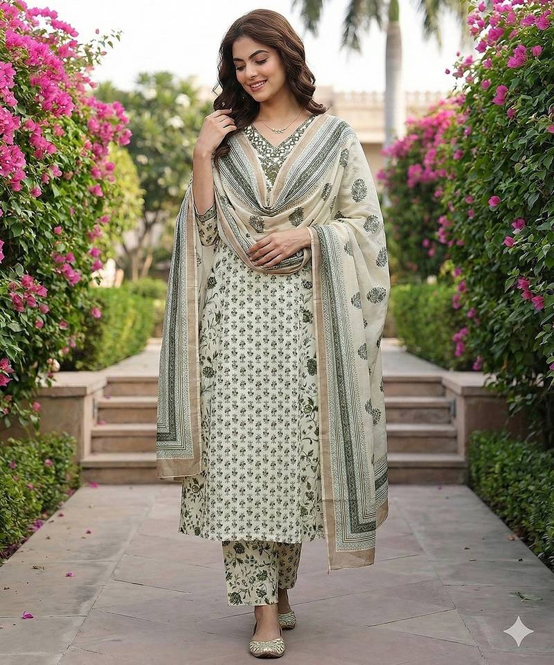 Anouk green and white pure cotton a-line regular kurta set