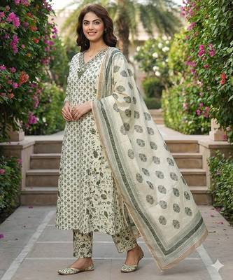 green and white pure cotton a-line regular kurta set 2