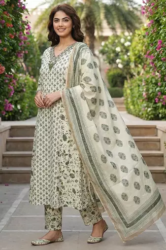 green and white pure cotton a-line regular kurta set