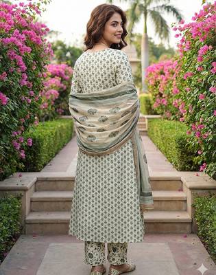 green and white pure cotton a-line regular kurta set 3