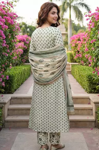 green and white pure cotton a-line regular kurta set