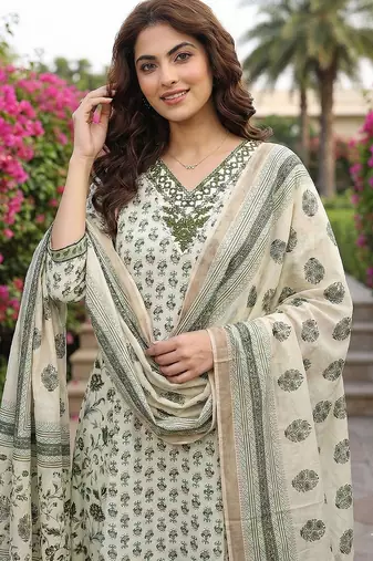 green and white pure cotton a-line regular kurta set