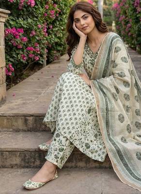 green and white pure cotton a-line regular kurta set 5