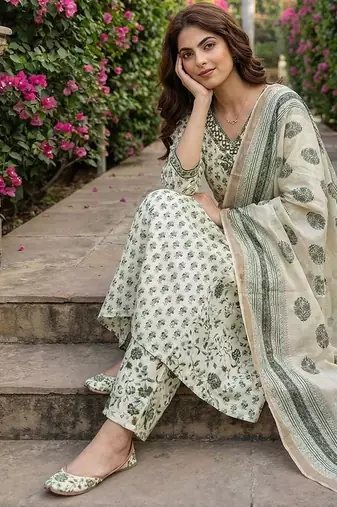 green and white pure cotton a-line regular kurta set