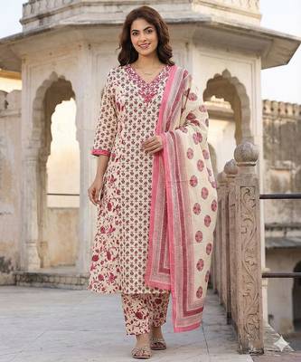 pink and white pure cotton a-line regular kurta set 1