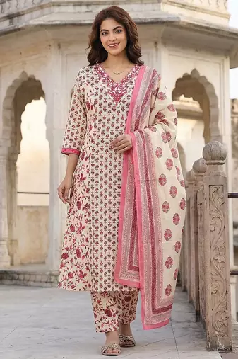Anouk pink and white pure cotton a-line regular kurta set