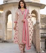 Anouk pink and white pure cotton a-line regular kurta set