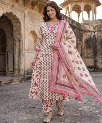 pink and white pure cotton a-line regular kurta set 2