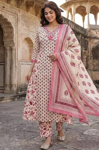 pink and white pure cotton a-line regular kurta set