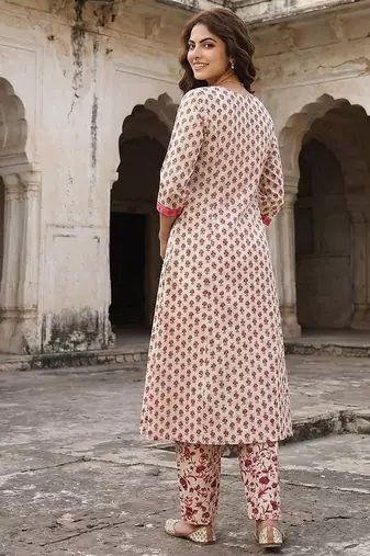 pink and white pure cotton a-line regular kurta set