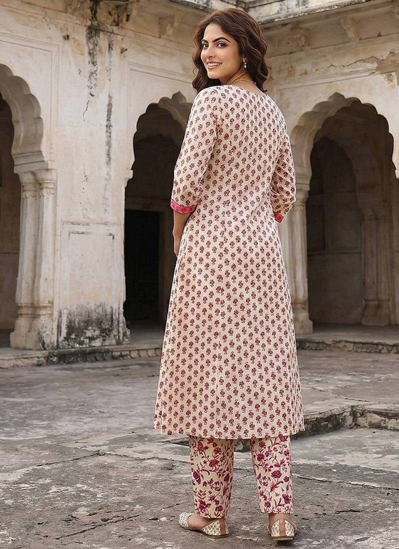 Anouk pink and white pure cotton a-line regular kurta set